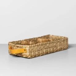 3 Compartment Woven Tank Tray With Leather Handles Beige - Hearth & Hand⢠With Magnolia
