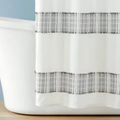 Clipped Jacquard Stripe Shower Curtain Sour Cream/Railroad Gray - Hearth & Hand⢠With Magnolia
