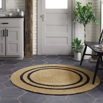 Round 5' Double Stripe Braided Jute Area Rug Charcoal/Tan - Hearth & Hand™ With Magnolia 4 Round 5' Double Stripe Braided Jute Area Rug Charcoal/Tan - Hearth & Hand™ With Magnolia - Image 2
